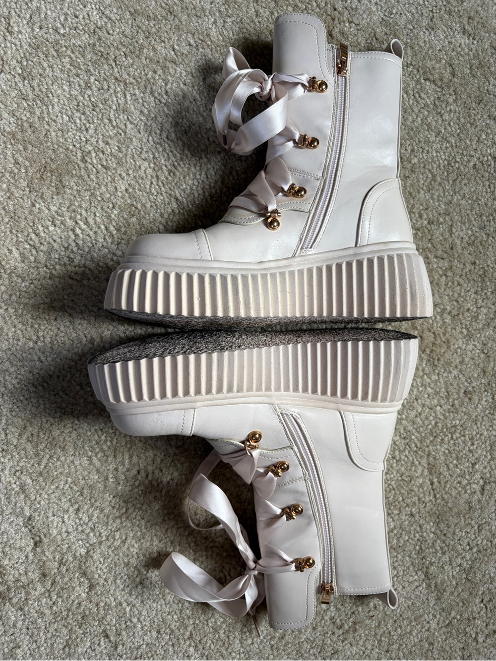 Vivianly Women's Cream Platform Lace-Up Lolita Combat Boots with Gold Hardware - Picture 2 of 8